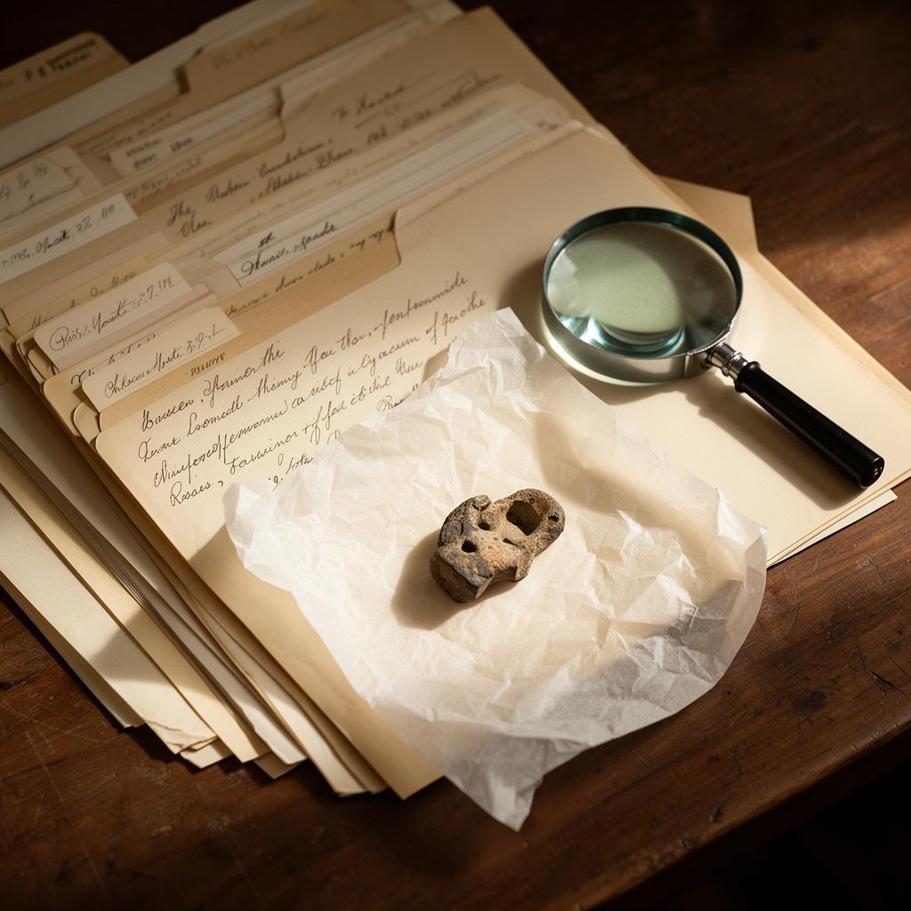 Archive folders and a small object on archival tissue